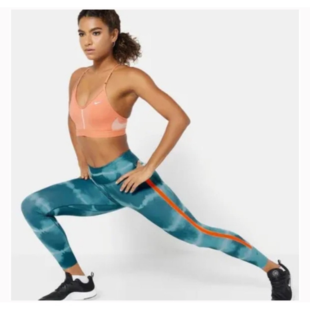 Nike Dri FIT One Luxe Printed Training Leggings MEDIUM Ash Green/Rush Orange‎